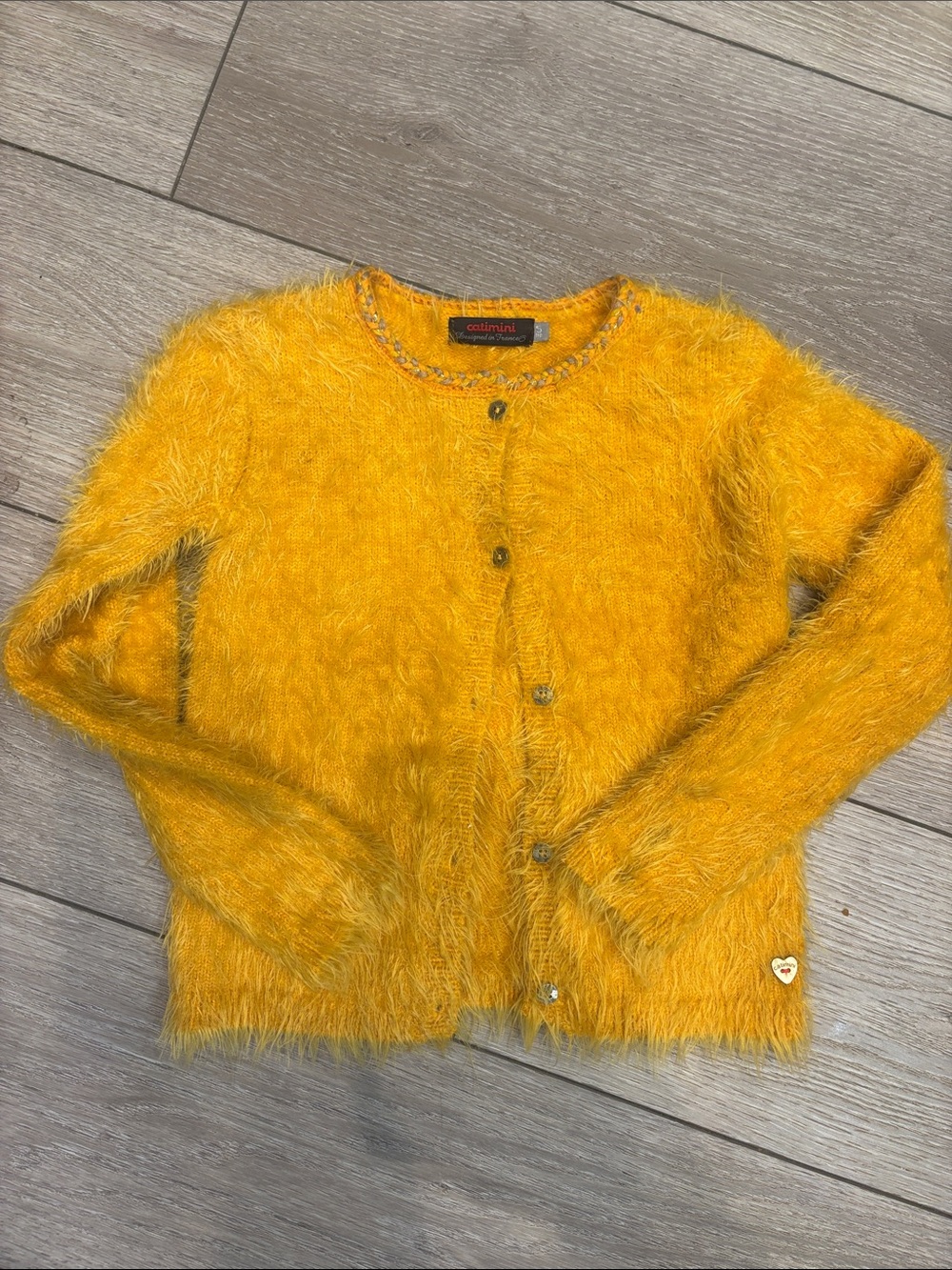 Catimini Bright Yellow Fuzzy Knit Cardigan with Braided Trim size 5